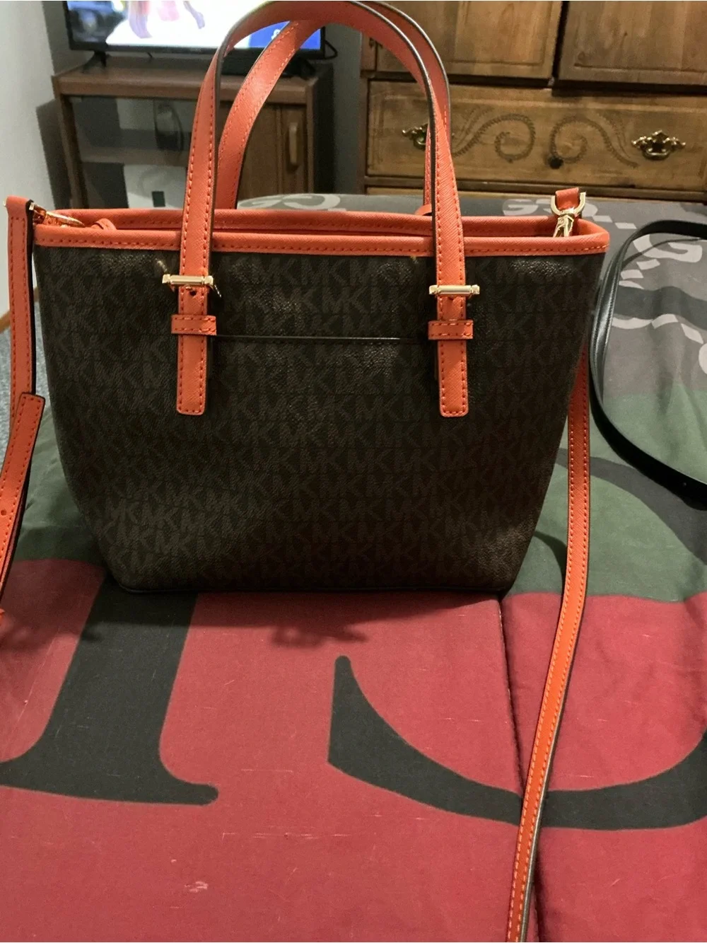 Michael Kors Brown Signature Satchel with Orange Trim